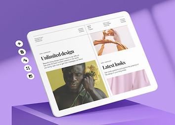 Homepage of a design blog shown on a tablet. There are 2 articles, some abstract design and an image of a man holding flowers.