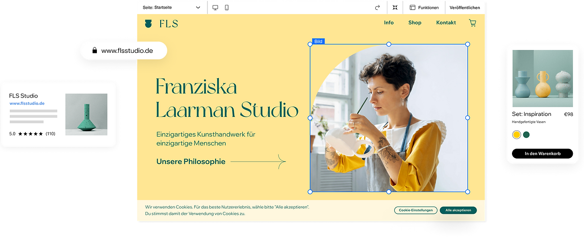 Website und Onlineshop für Kunsthandwerk mit Produktbewertung und mobilem Checkout. 