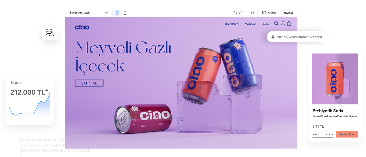 Bir içecek firmasının e-ticaret sitesinin yanında satış grafiği ve mobil ödeme sayfası